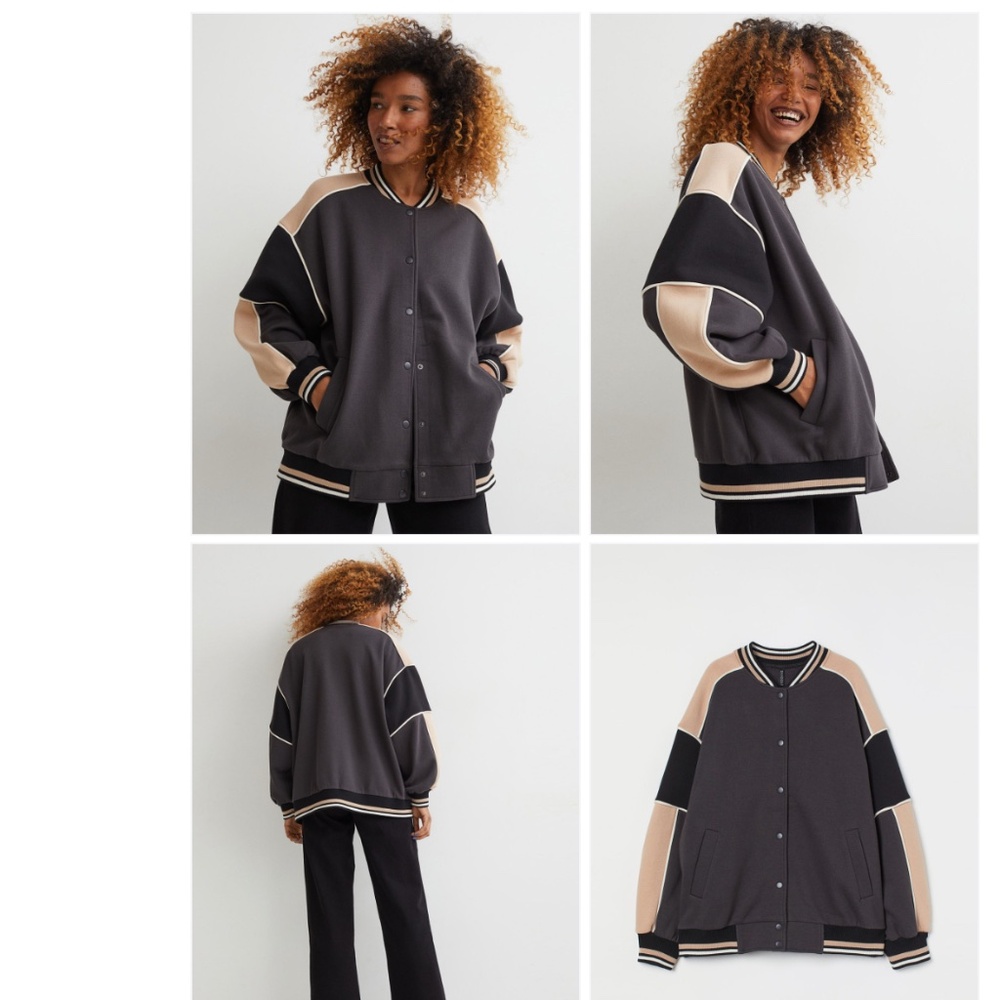 H&M Women Grey Beige Colourblocked Baseball Jacket